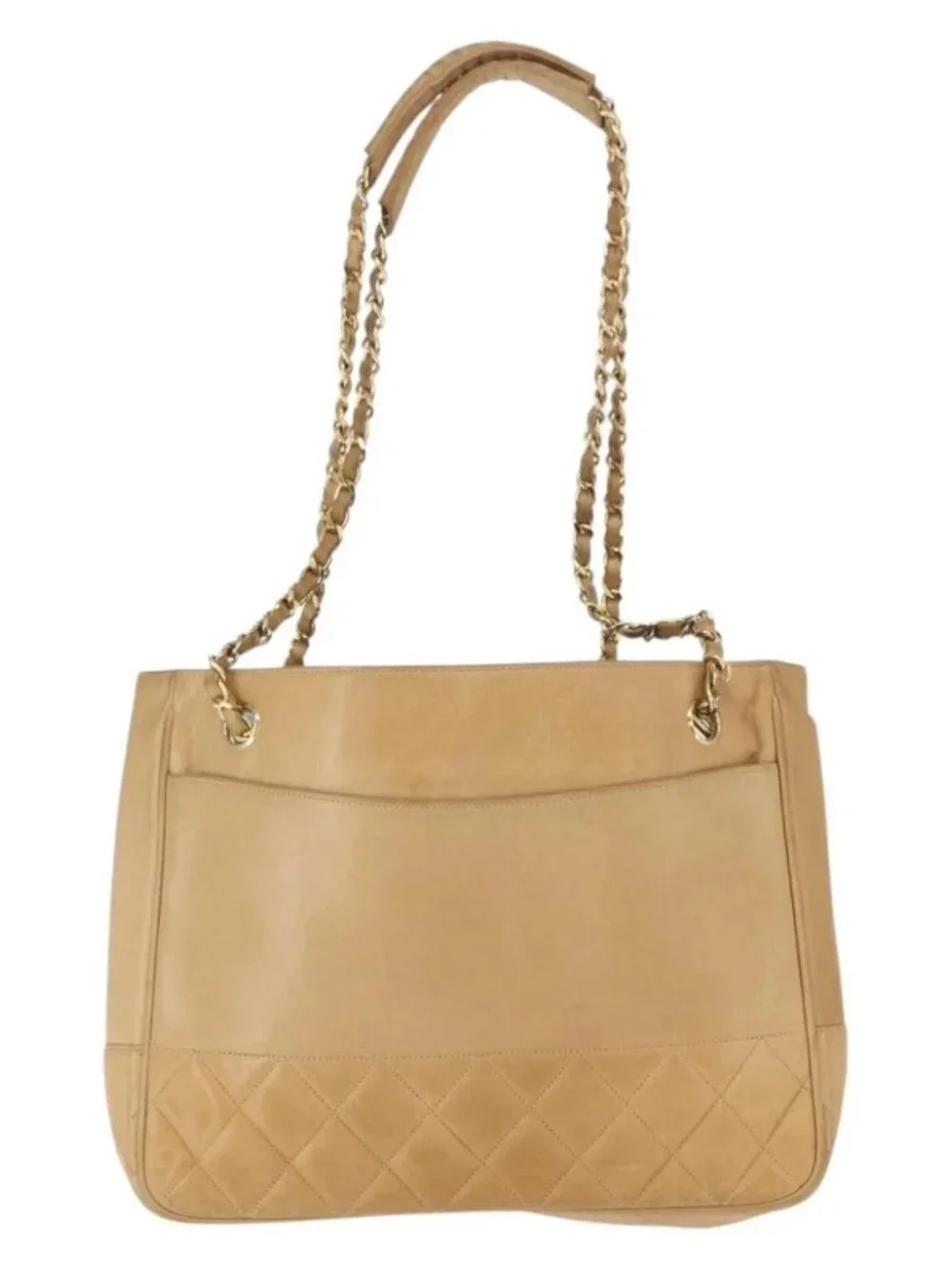 CHANEL Chain Matelasse Shoulder Bag Lamb Skin Beige Gold CC Auth gh1553